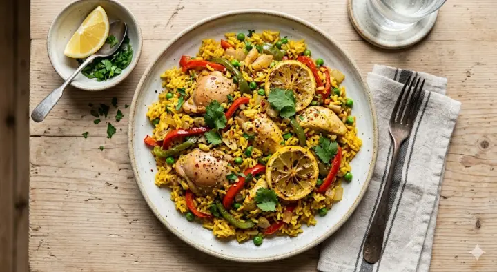 Plato de arroz con pollo y verduras servido en la mesa (imagen ilustrativa)