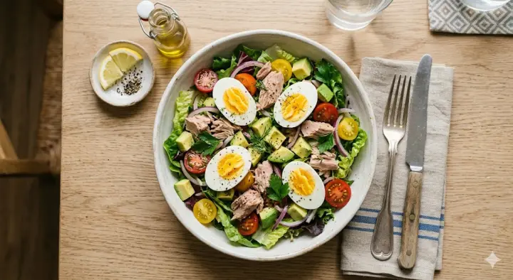 Ensalada fresca con huevo, at&uacute;n y aguacate (imagen ilustrativa)
