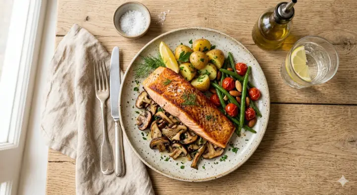 Salm&oacute;n a la plancha con patatas y verduras (imagen ilustrativa)